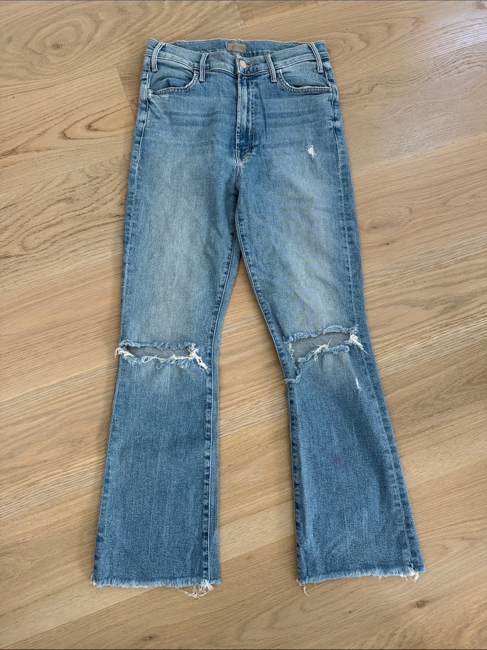 MOTHER High Waisted Flare Jeans Distressed Raw Hem Light Wash Size 27